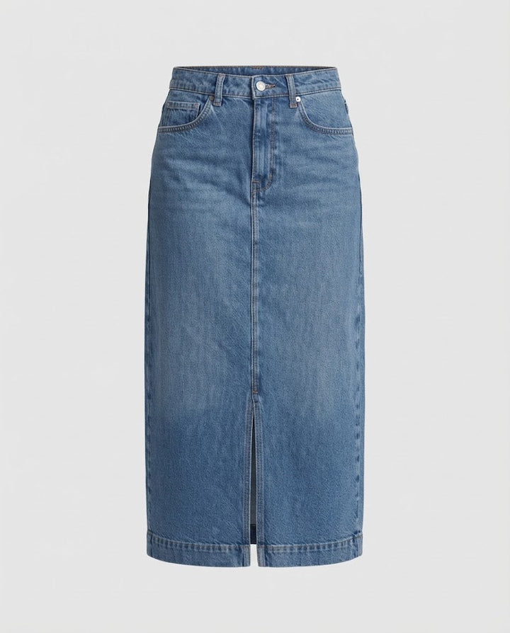 Women high-waisted denim midi skirt with front slit and straight cut Amarae