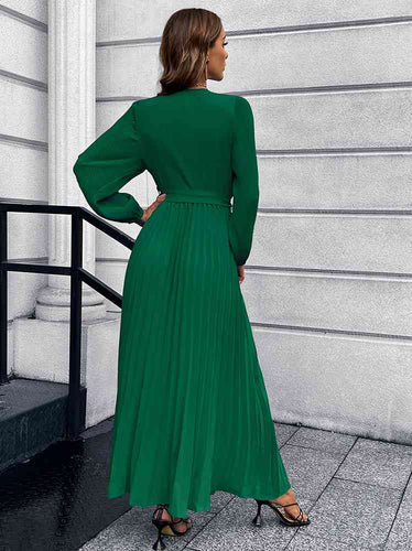 Amarae | V-neck Tie Belt Pleated Maxi Dress