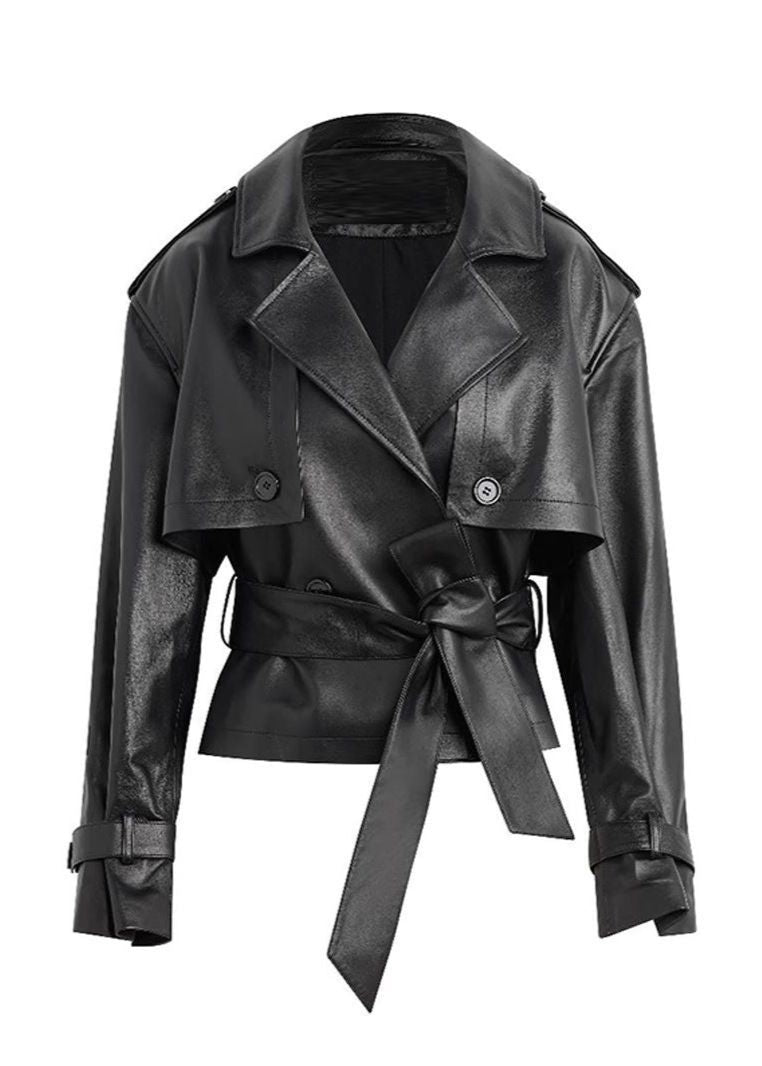 Amarae | Faux leather cropped belt trench coat