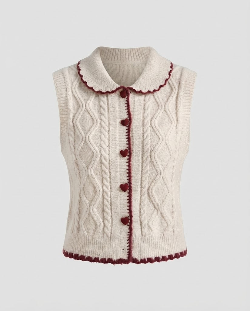 Women's Knitted Short Vest with Cable Pattern, Heart Button Placket and Peter Pan Collar Amarae