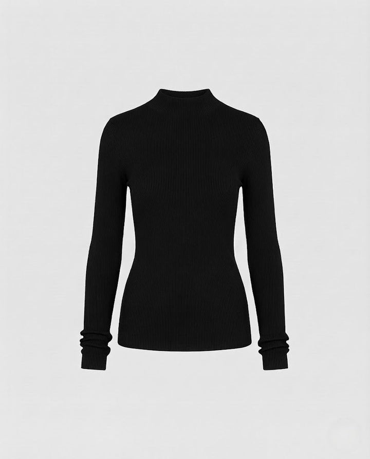 Ladies Fine Ribbed Long Sleeve Fine Knit Top with Stand-Up Collar Amarae
