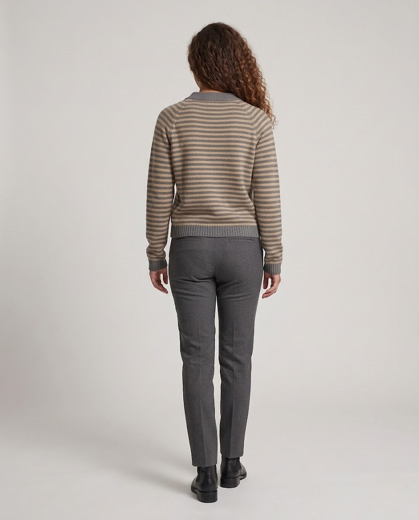 Women's Striped Fine Knit Sweater with V-Neck, Button Placket and Cropped Silhouette Amarae