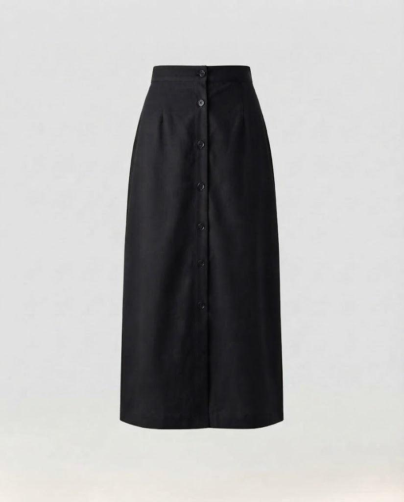 Women's High-waisted Straight Midi Skirt with Continuous Button Placket and Front Slit Amarae