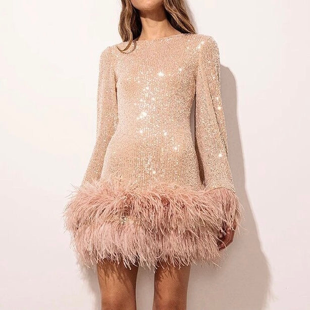 Women’s Elegant Sequin Dress with Feather Hem, Backless | Lune London