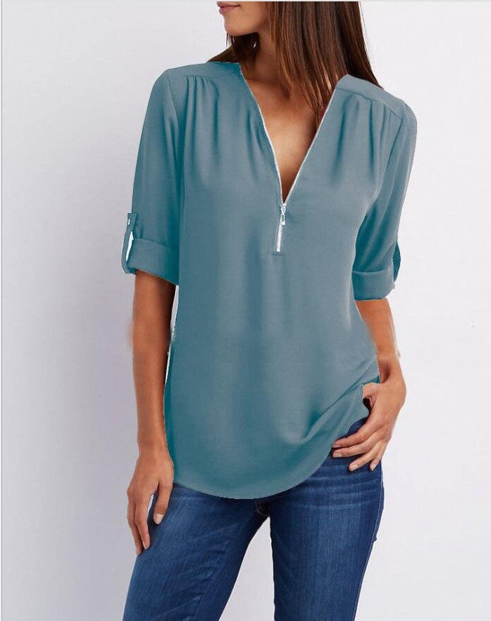 Lune London | Short sleeve shirt with zipper and V-neck - Loose tops
