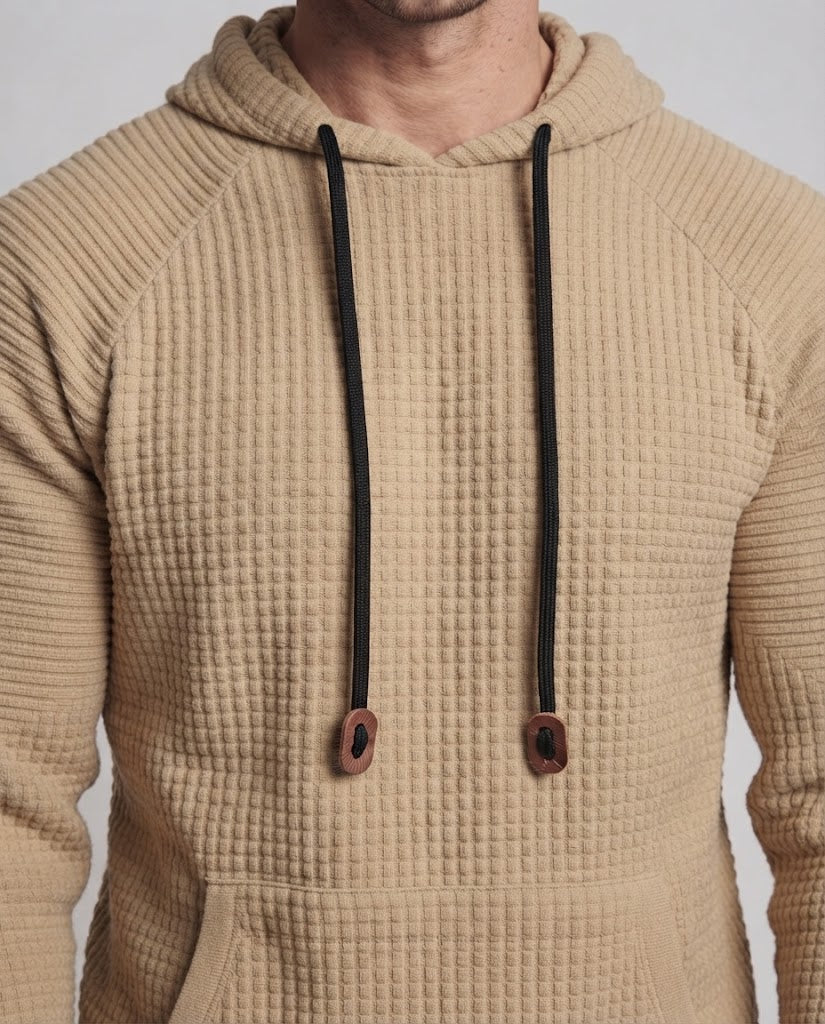 Men's waffle knit hoodie with kangaroo pocket and contrast drawstrings Amarae
