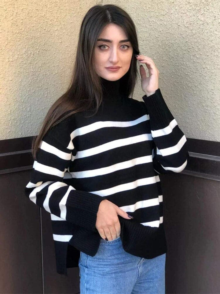 Lune London | Knit Sweater - Oversized Fit - High Collar - Soft Knitted Stripes