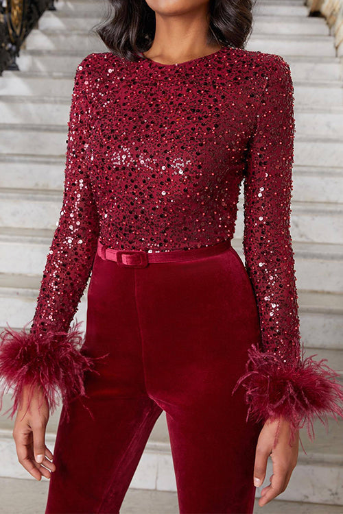 Lune London | Rosiedress Federn panel Long sleeve Bell bottom Sequin overall