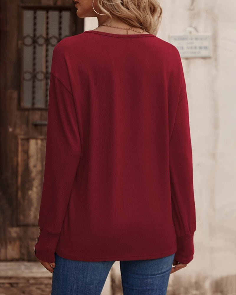 Lune London | Solid Long Sleeve Top with Button and V Neck