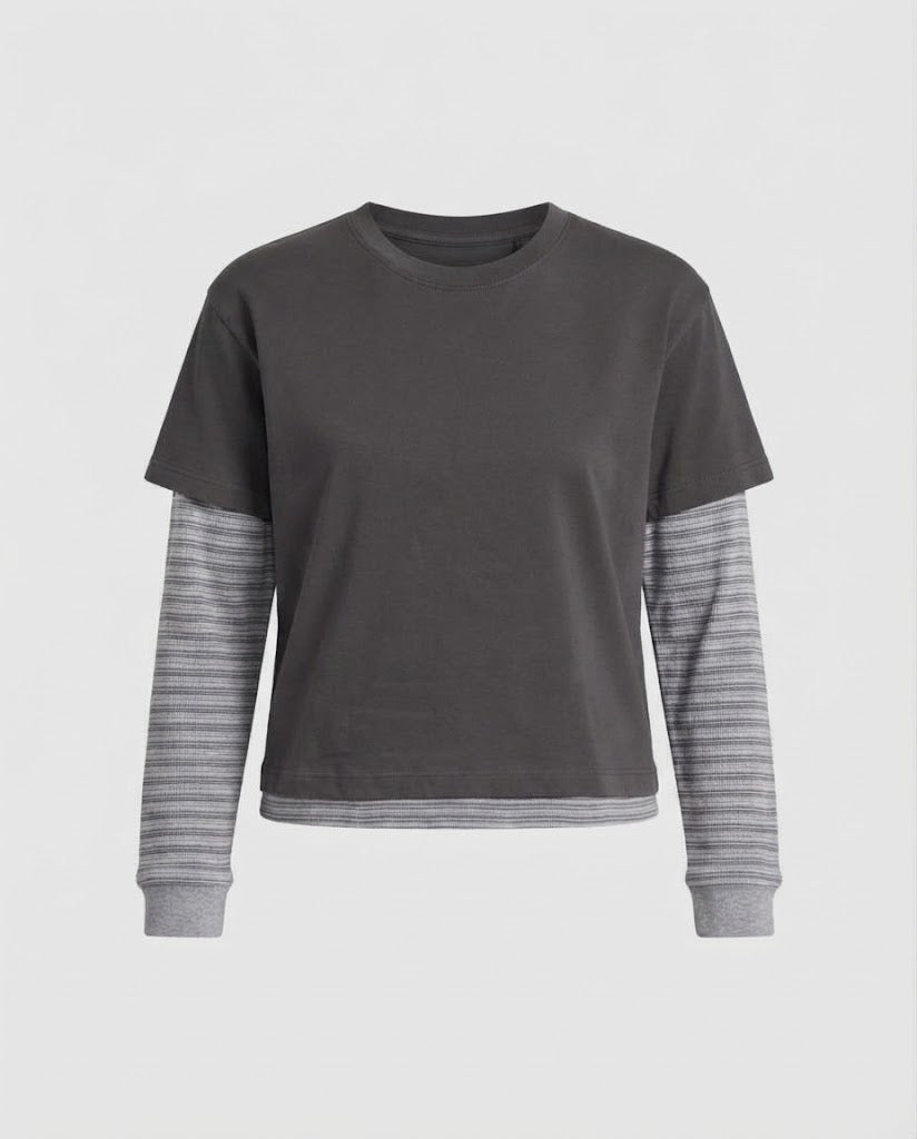 Women Layered Look Long Sleeve Shirt with Integrated Short Sleeve Overlay and Striped Sleeves Amarae