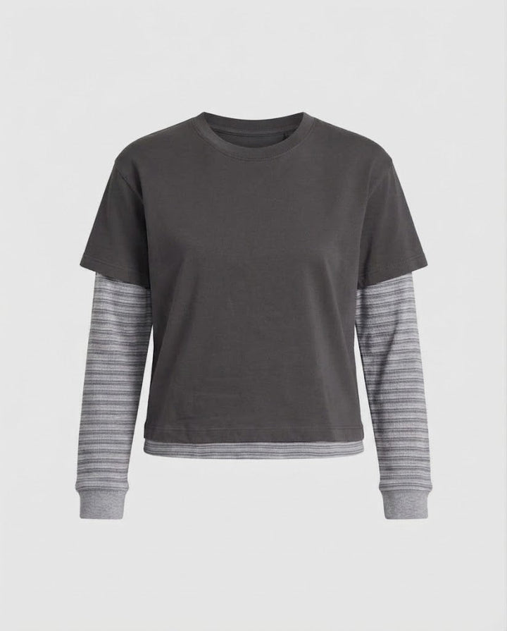 Women Layered Look Long Sleeve Shirt with Integrated Short Sleeve Overlay and Striped Sleeves Amarae