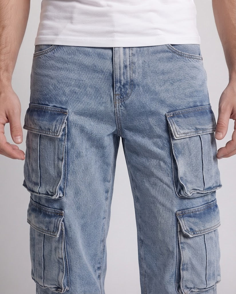 Men's wide cargo denim palazzo pants with multiple patch flap pockets Amarae