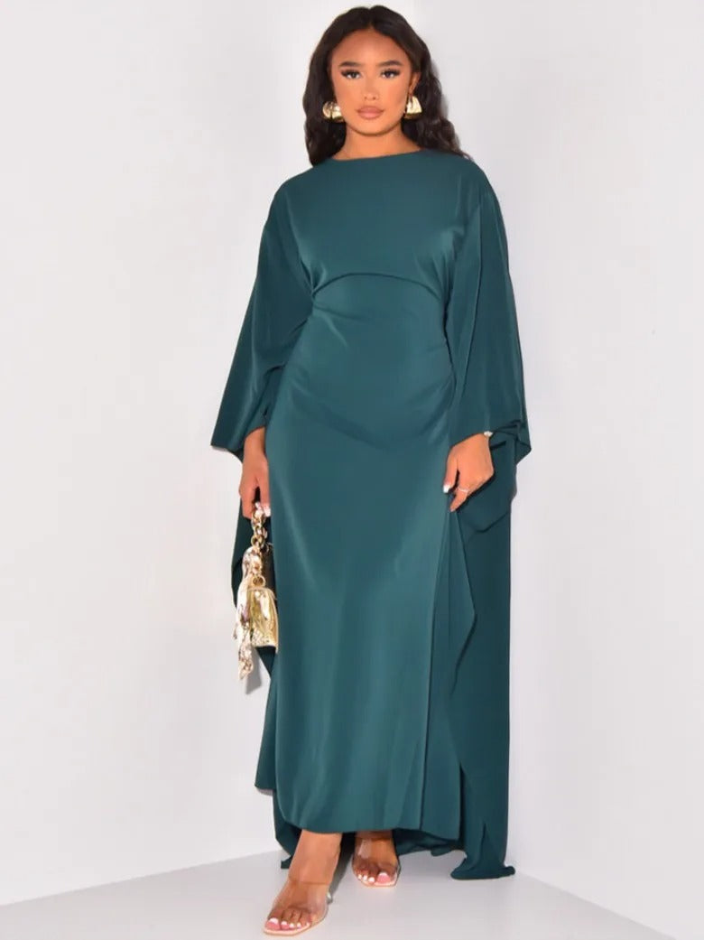 Chic Und Stil | Elegant Maxi Dress with Round Neckline & Wide Sleeves – Women's Evening Dress with High Waist Long Dress for Festive Occasions