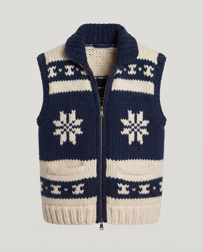 Women Thick Knit Norwegian Vest with Stand-Up Collar and Patch Pockets Amarae