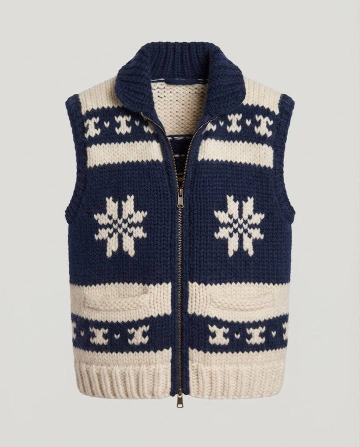 Women Thick Knit Norwegian Vest with Stand-Up Collar and Patch Pockets Amarae