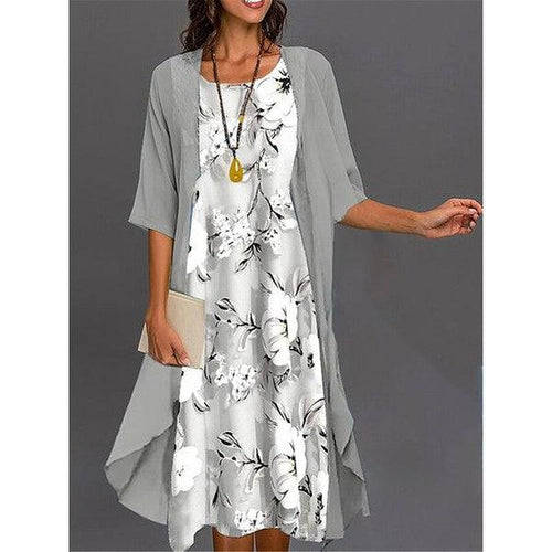 Amarae | Gray Printed Midi Dress with Outerwear