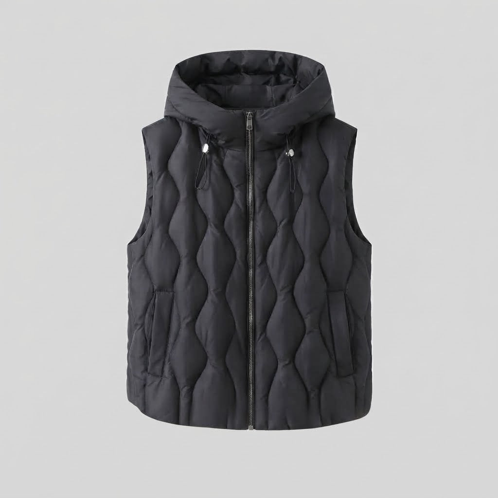 Women sleeveless quilted hooded vest with wave quilting and double zipper Amarae