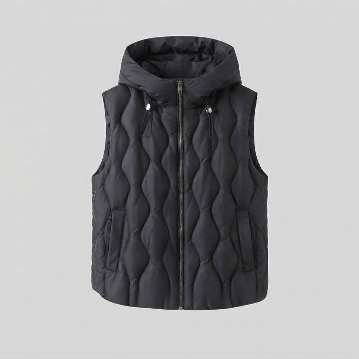 Women sleeveless quilted hooded vest with wave quilting and double zipper Amarae