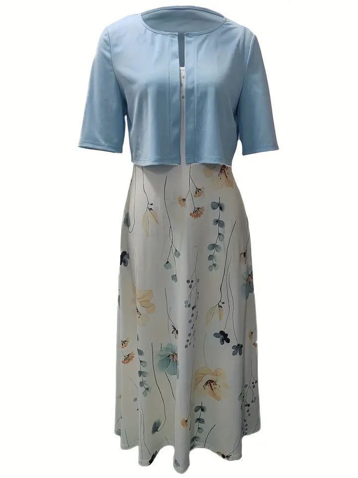 Women’s Elegant Floral Two-Piece Dress Set with Crop Top & Round Neck | Lune London