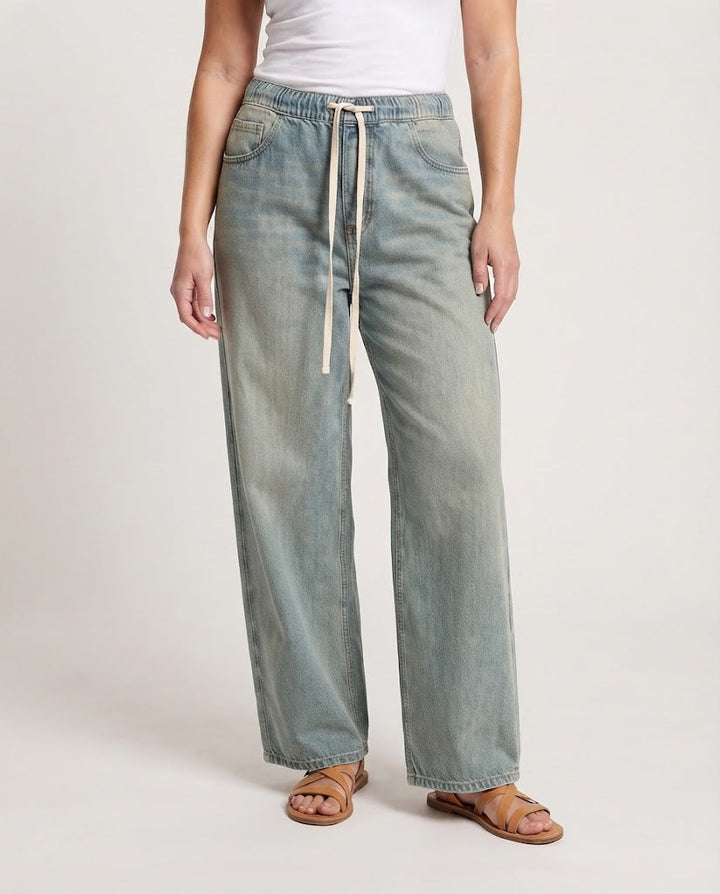 Women Extra Wide Denim Pants with Casual Drawstring Waist and Rolled Hem Amarae
