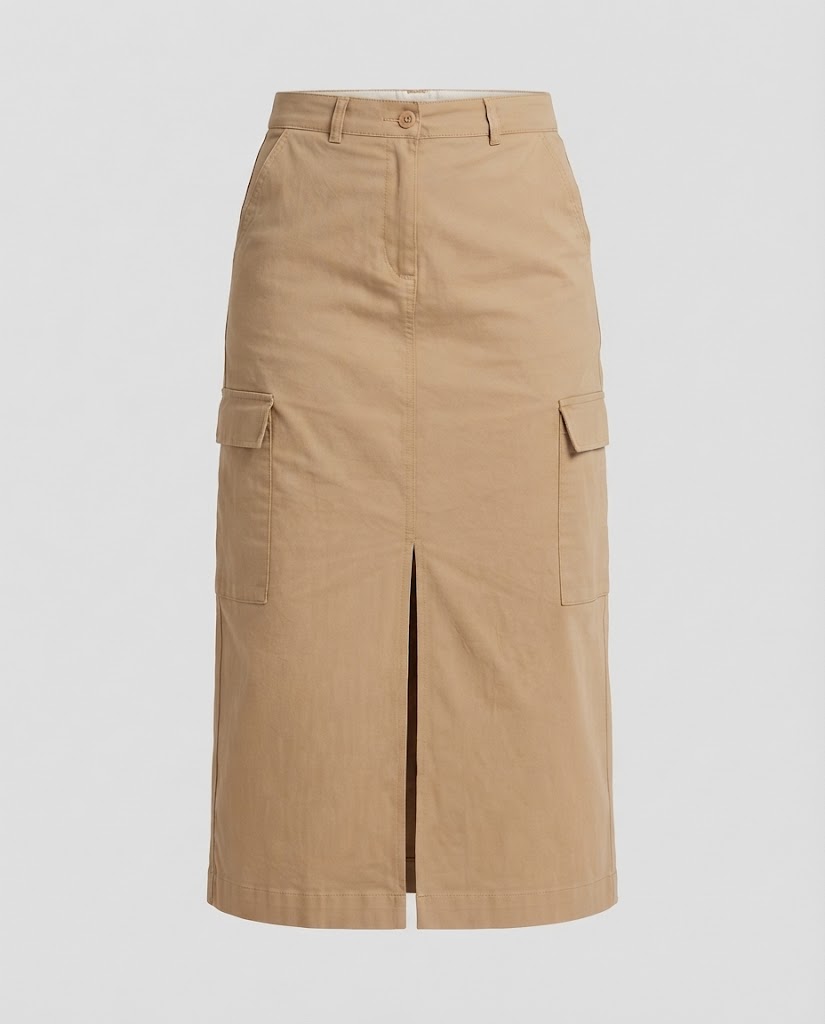 Women High-Waisted Cargo Midi Skirt with Front Slit and Patch Pockets Amarae