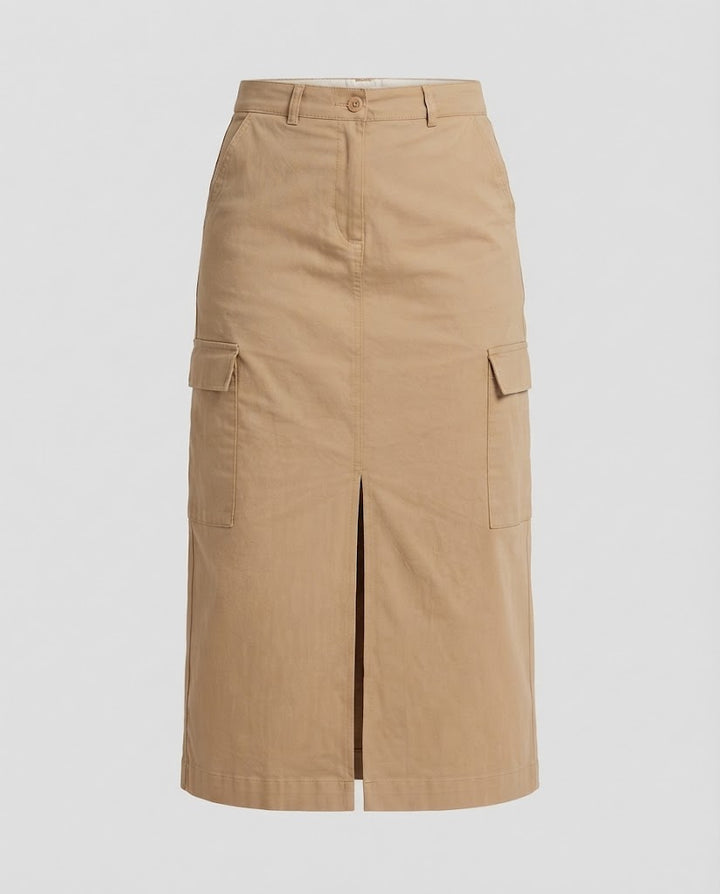 Women High-Waisted Cargo Midi Skirt with Front Slit and Patch Pockets Amarae