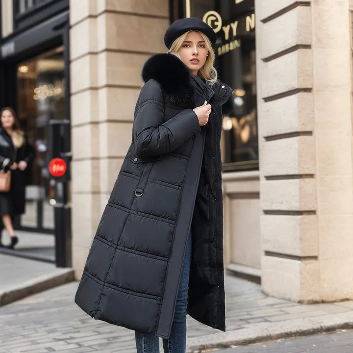 Lune London | Women's Long Winter Coat with Fur Hood and Belt