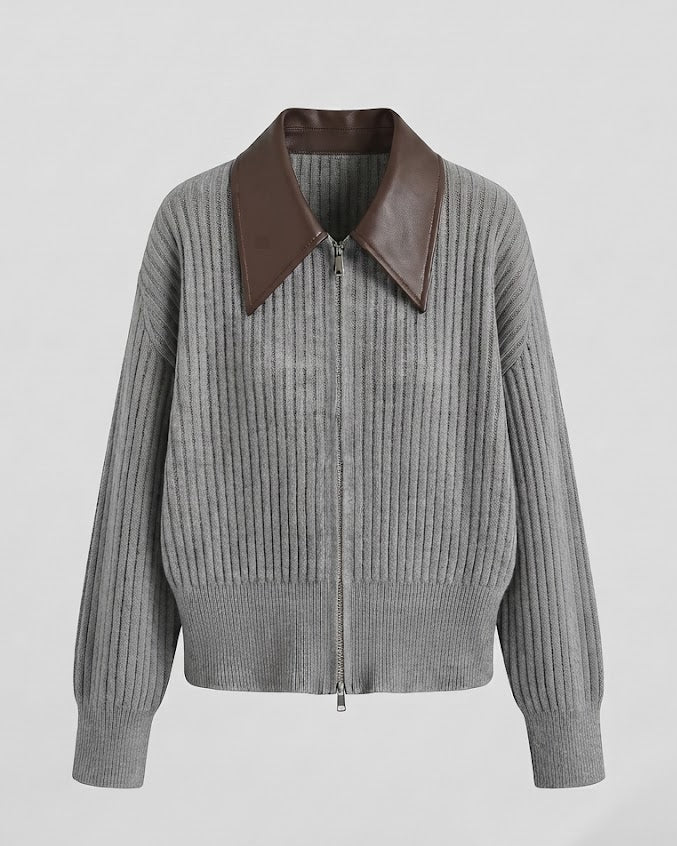 Women's Ribbed Cardigan with Zipper and Contrasting Leather Collar Amarae