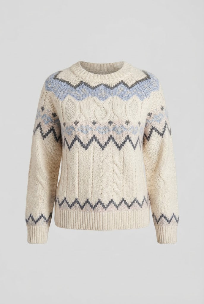 Ladies Norwegian pattern round neck sweater made of wool mix with ribbed hem Amarae