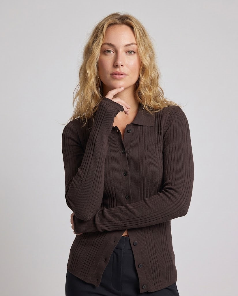 Women's Ribbed Fine Knit Cardigan with Shirt Collar and Continuous Button Placket Amarae