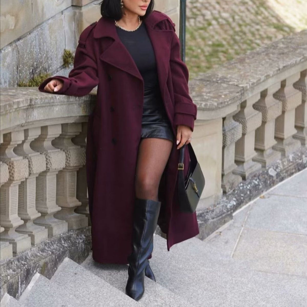 Lune London | Elegant Trench Coat In Burgundy with Belt
