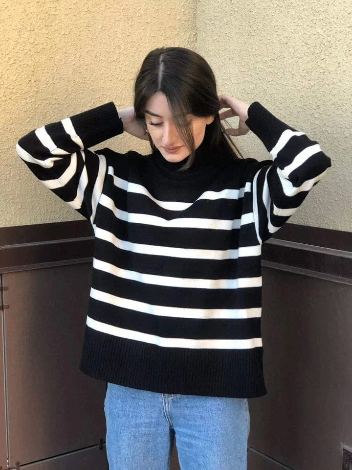 Lune London | Knit Sweater - Oversized Fit - High Collar - Soft Knitted Stripes