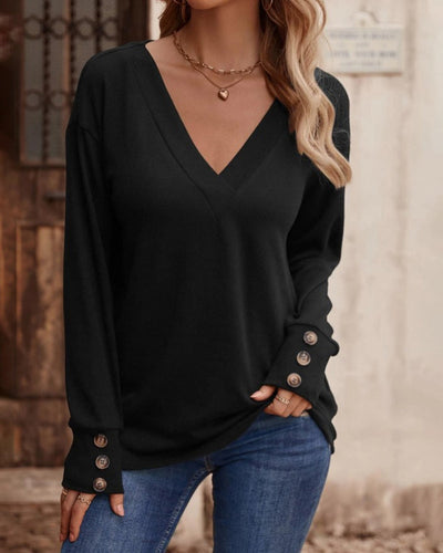 Amarae | Solid Long Sleeve Top with Button and V Neck