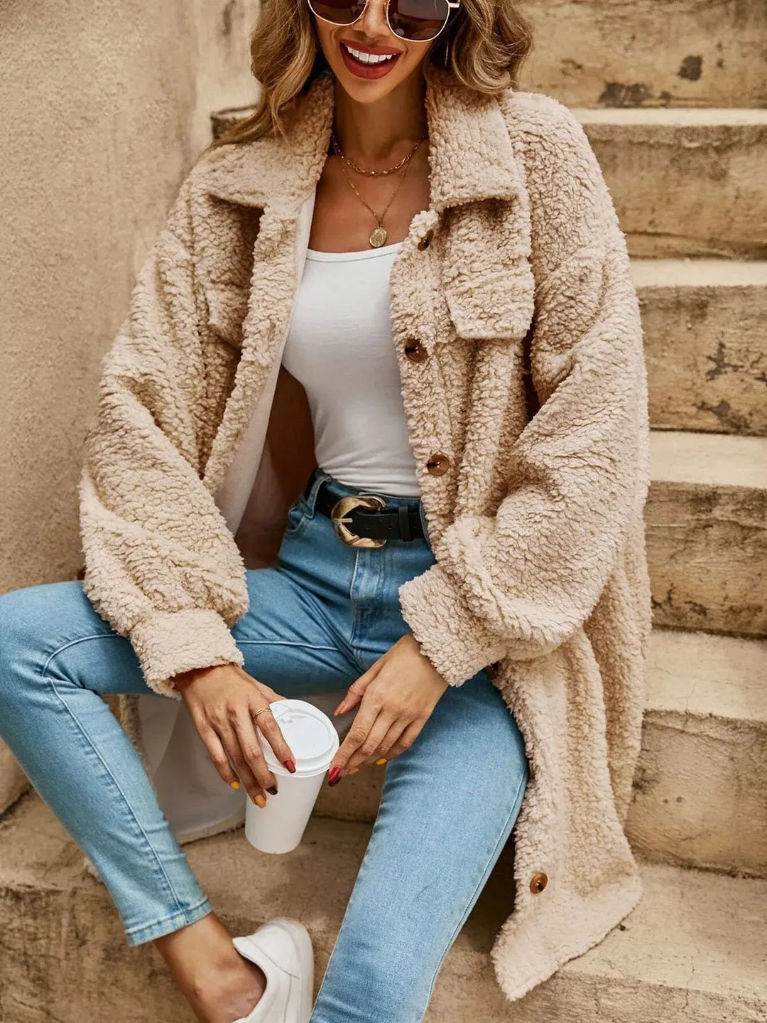 Chic und Stil | Comfortable teddy jacket with button placket & chest pockets