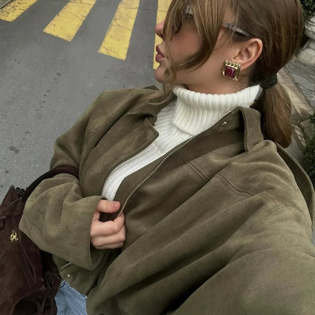Amarae | Oversized Jacket - Soft Suede Lining - Fully Lined - Khaki