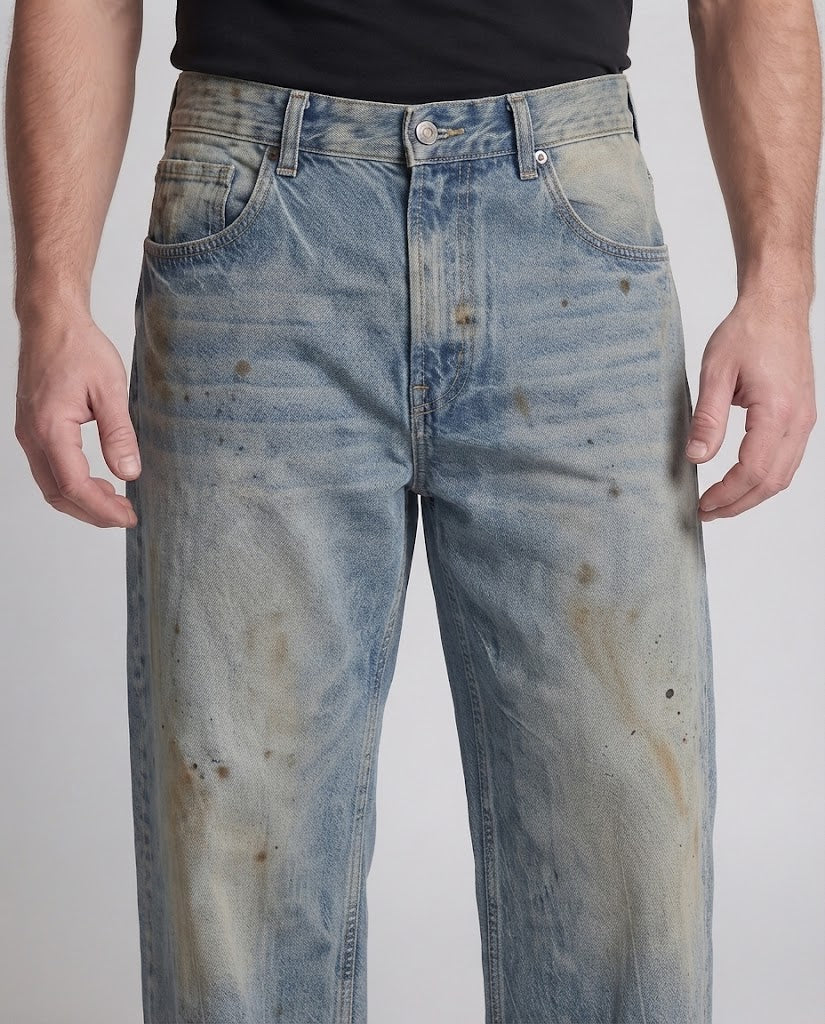 Men's Extra Wide Distressed Baggy Jeans in Palazzo Cut with Vintage Paint Effect Amarae