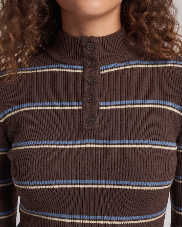 Women's Striped Ribbed Sweater with Stand-Up Collar, Button Placket, and Contrast Cuffs Amarae