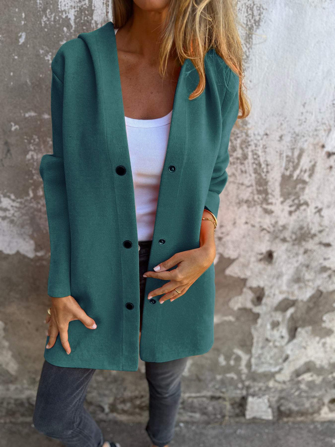 Amarae | Long Jacket - Wool Blend - Button Closure with Hood - Comfortable Fit