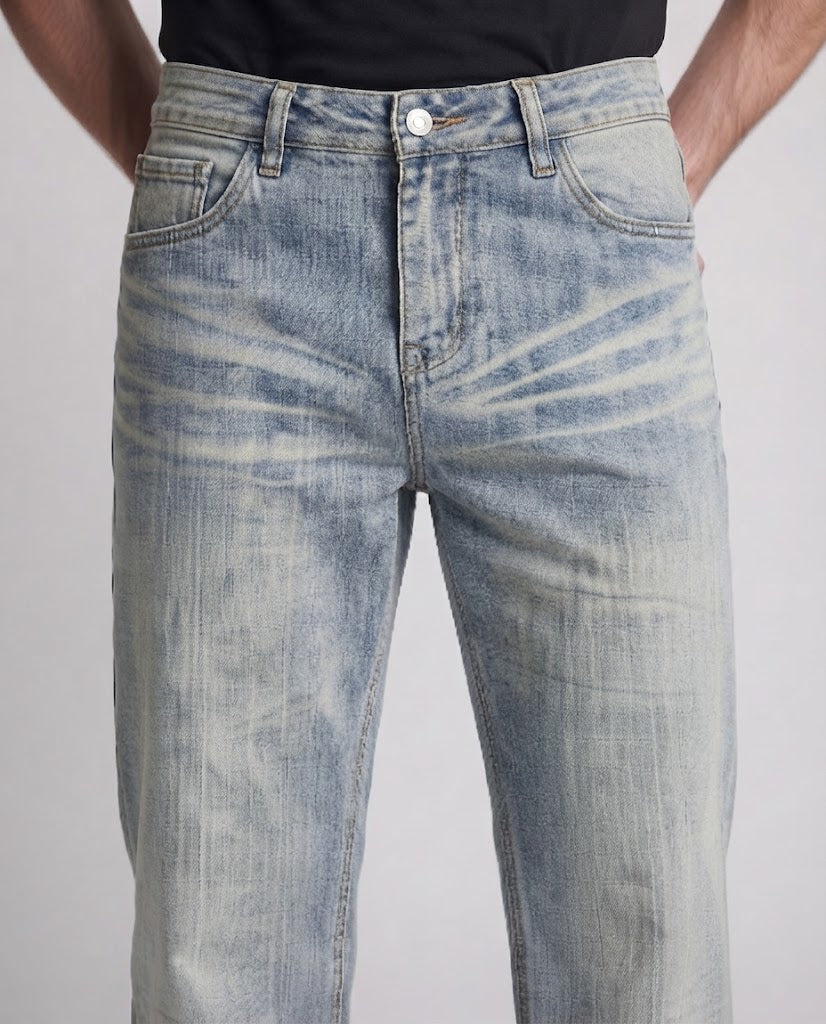 Men's ultra-wide cut vintage denim jeans with hem stacking and whisker details Amarae