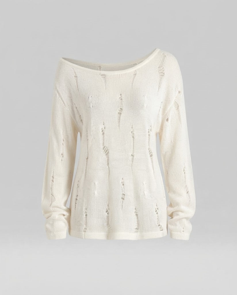 Women's Casual Off-Shoulder Fine Knit Sweater with Destroyed Look and Wide Silhouette Amarae