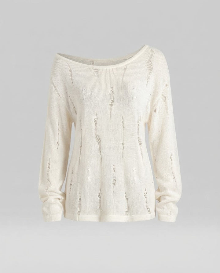 Women's Casual Off-Shoulder Fine Knit Sweater with Destroyed Look and Wide Silhouette Amarae