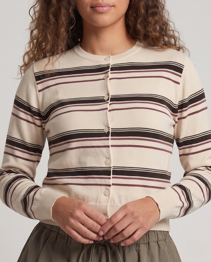 Women's Striped Cropped Knit Cardigan with Round Neck Amarae