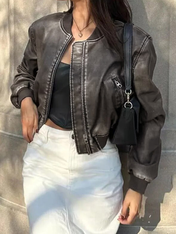 Amarae | Solid Color Leather Bomber Jacket