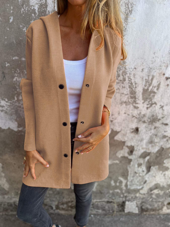 Amarae | Long Jacket - Wool Blend - Button Closure with Hood - Comfortable Fit