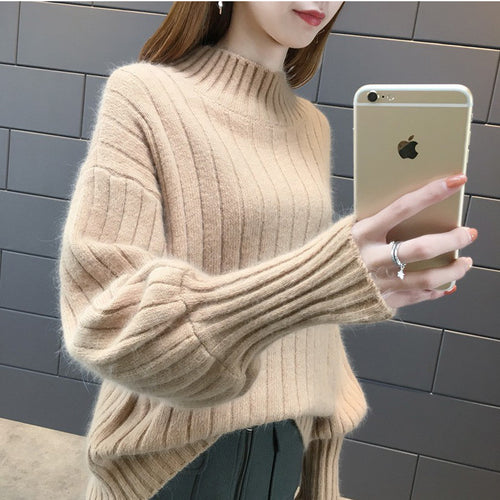 Thick knit sweater for women with high collar and textured design Amarae