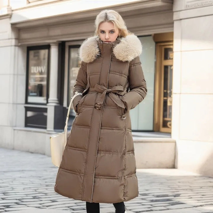 Lune London | Women's Long Winter Coat with Fur Hood and Belt