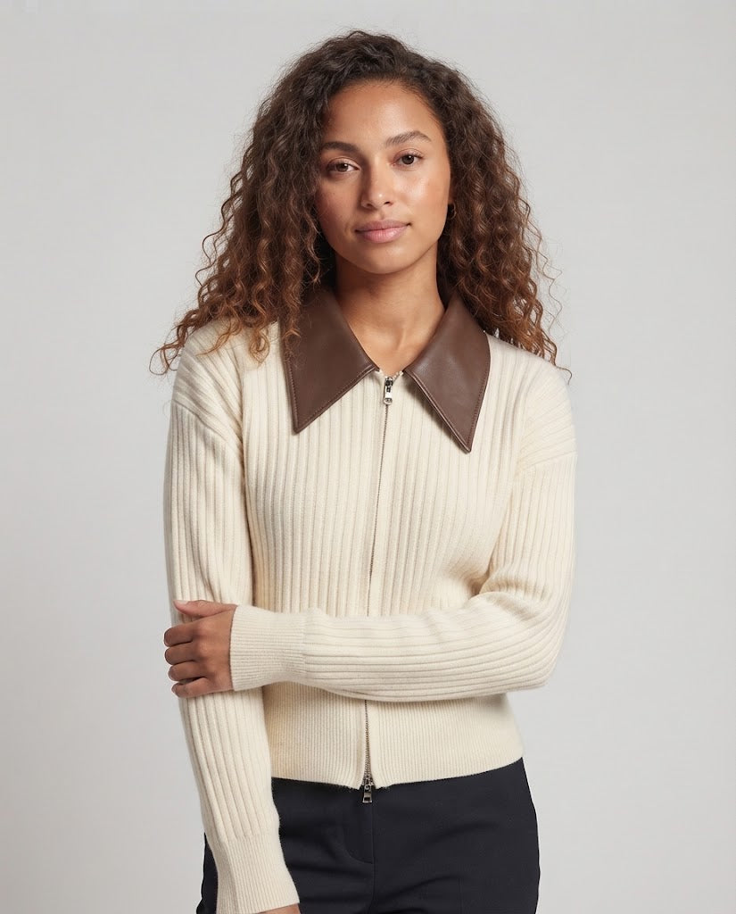 Women's Ribbed Cardigan with Zipper and Contrasting Leather Collar Amarae