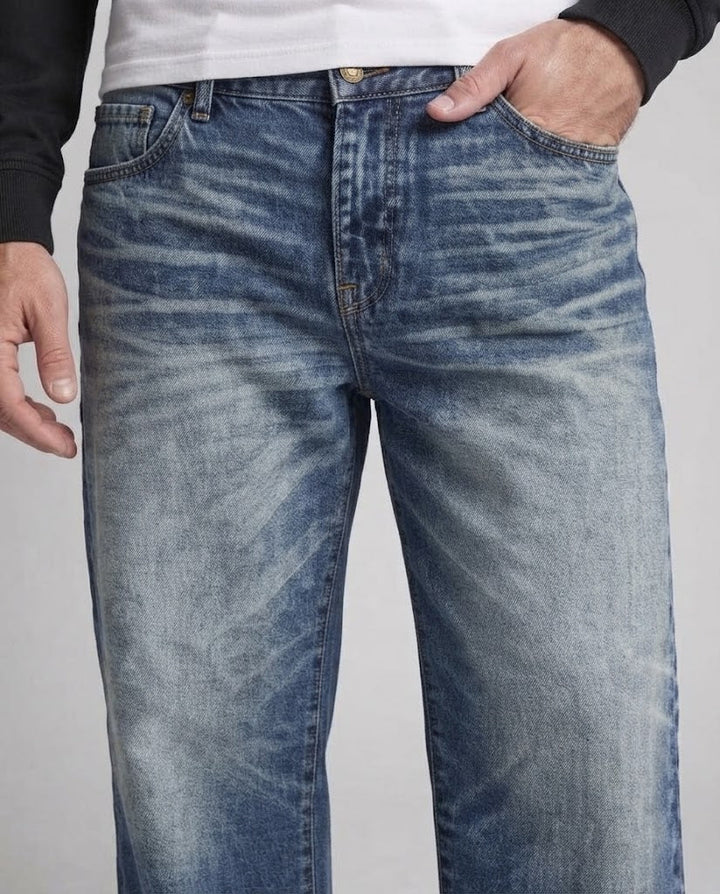 Men's baggy jeans in extra wide palazzo cut with distinctive whisker and ombre fade Amarae