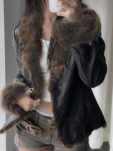 Amarae | American Style Fur Collar Patchwork Leather Jacket