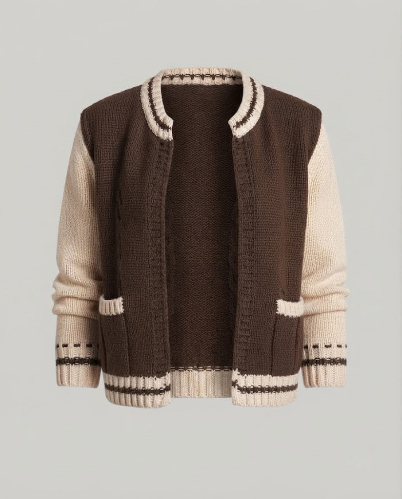 Women Thick Knit Cardigan with Contrasting Crochet Collar and Balloon Sleeves Amarae